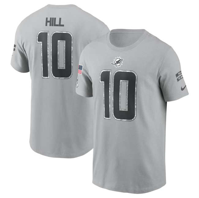 Men's Gray Miami Dolphins #10 Tyreek Hill 2024 Salute To Service Name & Number T-Shirt